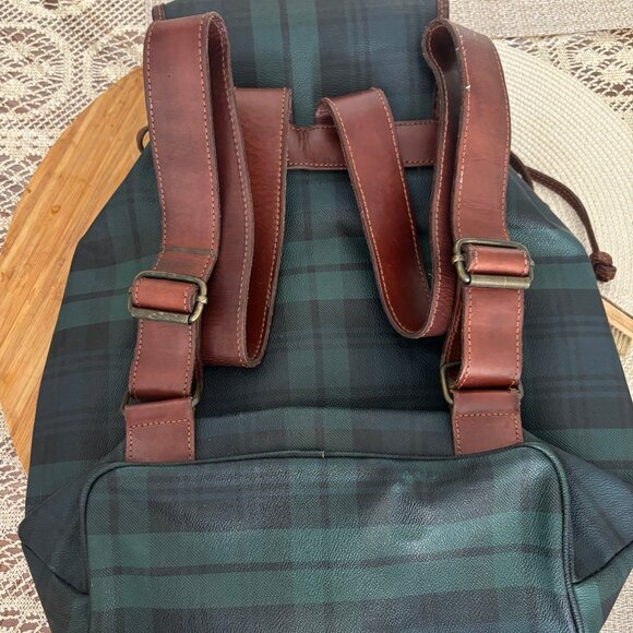 RARE Vintage Polo Ralph Lauren Blackwatch Tartan Plaid Backpack/Bag Leather Trim - Picture 11 of 12